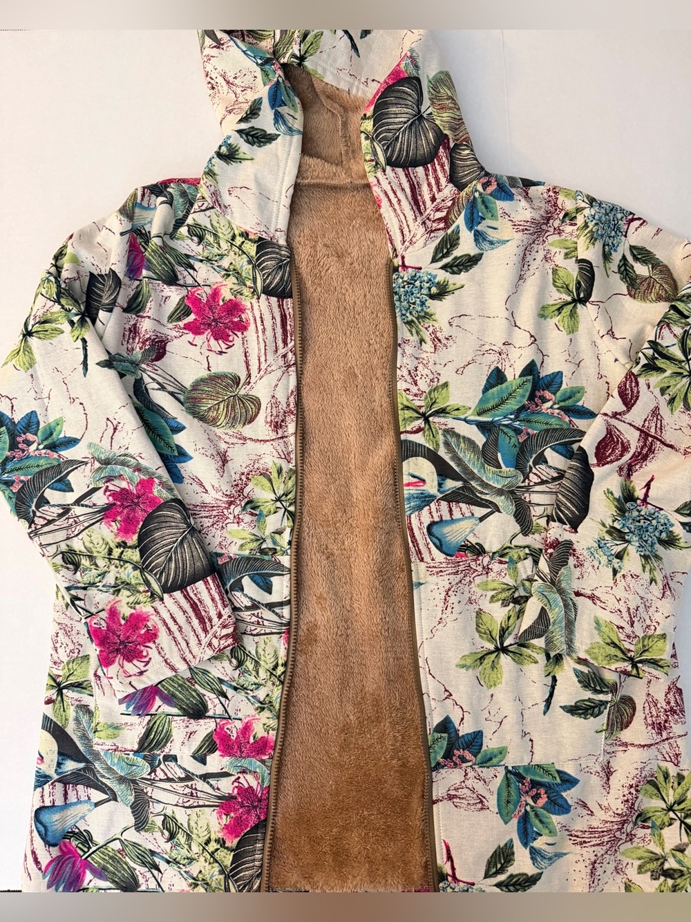 Cozy Soft Boho Light Plant Floral Hooded Zip-up Jacket Tan Fleece Lining Size L - Picture 11 of 13